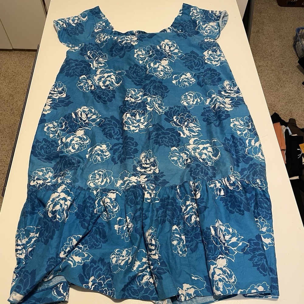 VTG Hilo Hattie Floral Dress Size L, Blue White Tropical Ruffle Muumuu , Hawaii - Picture 7 of 8